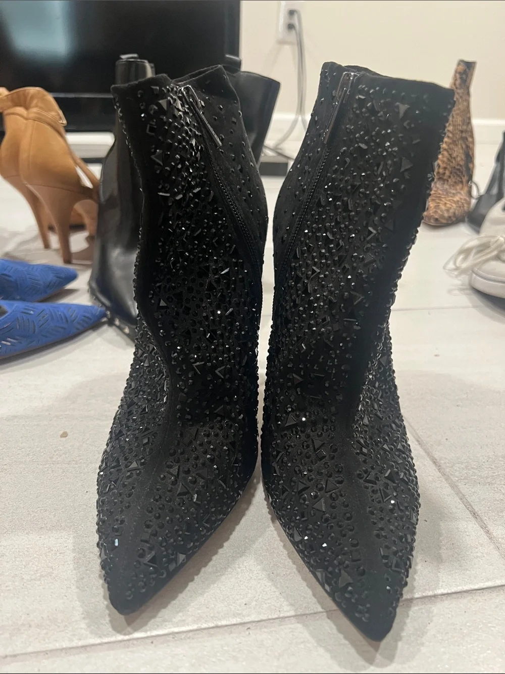 Black Embellished Pointed-Toe Women's Ankle Boots